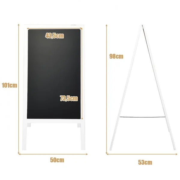 Panneau Publicitaire Tableau Noir Magnétique Double face Chevalet de Trottoir en Bois MDF Acier 50x53x98cm Blanc