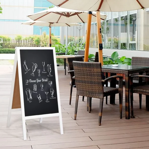 Panneau Publicitaire Tableau Noir Magnétique Double face Chevalet de Trottoir en Bois MDF Acier 50x53x98cm Blanc