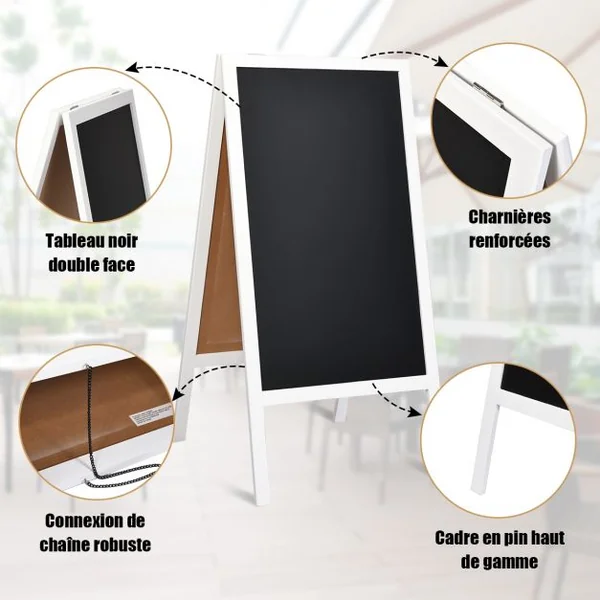 Panneau Publicitaire Tableau Noir Magnétique Double face Chevalet de Trottoir en Bois MDF Acier 50x53x98cm Blanc