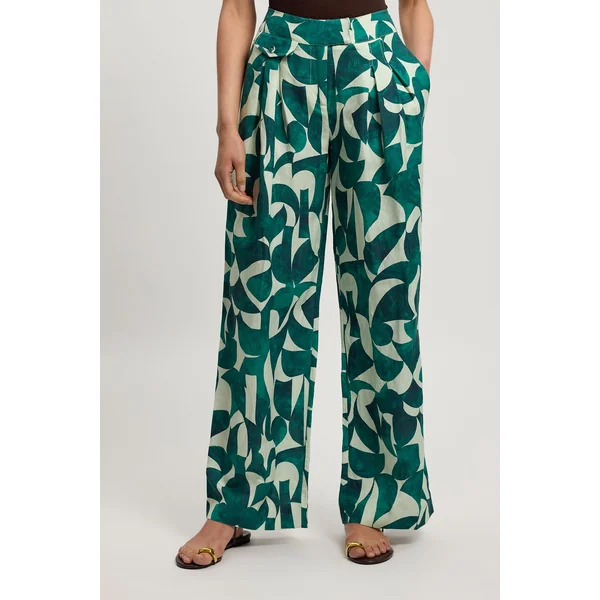 Pantalon Droit En Lin Tissé À Imprimé Géométrique Avec Détails De Plis Et Poches