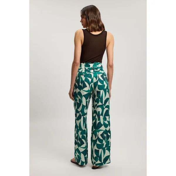 Pantalon Droit En Lin Tissé À Imprimé Géométrique Avec Détails De Plis Et Poches
