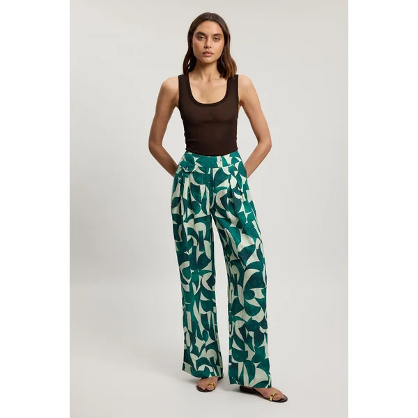 Pantalon Droit En Lin Tissé À Imprimé Géométrique Avec Détails De Plis Et Poches