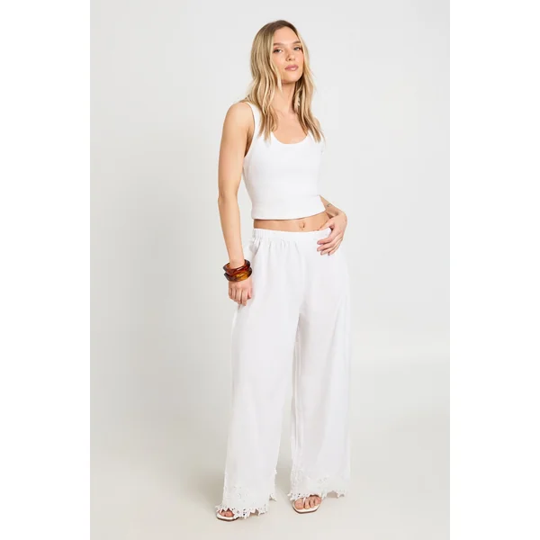 Pantalon Large Petite Avec Bordure Brodée