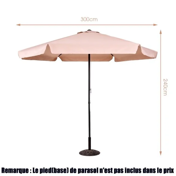 Parasol de Jardin Droit Ø 3 m Anti-UV pour Balcon Terrasse Base non Incluse en Métal et Polyester, Brun