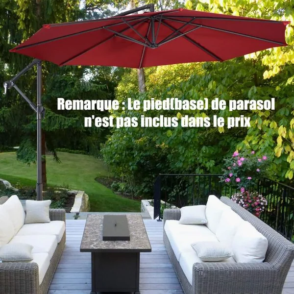 Parasol Inclinable et Déporté Dia. 3 m Manivelle en Acier Toile en Polyester pour Patio Jardin Vin Rouge