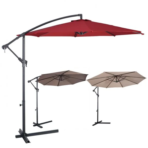 Parasol Inclinable et Déporté Dia. 3 m Manivelle en Acier Toile en Polyester pour Patio Jardin Vin Rouge