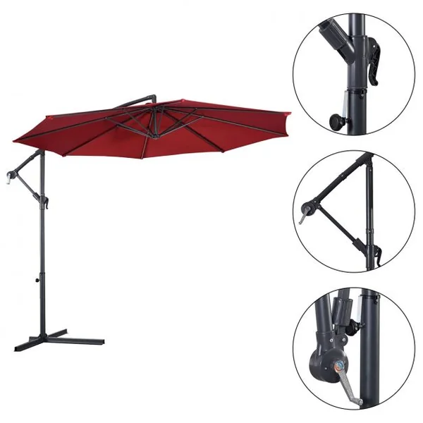 Parasol Inclinable et Déporté Dia. 3 m Manivelle en Acier Toile en Polyester pour Patio Jardin Vin Rouge