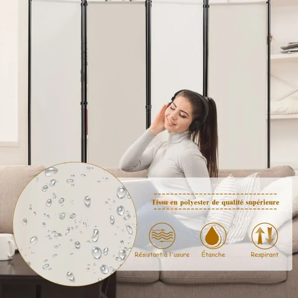 Paravent à 4 Panneaux Pliable Cloison de Séparation 220x170cm Pieds Réglable Beige