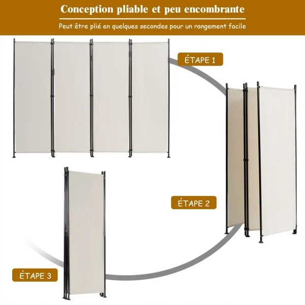 Paravent à 4 Panneaux Pliable Cloison de Séparation 220x170cm Pieds Réglable Beige