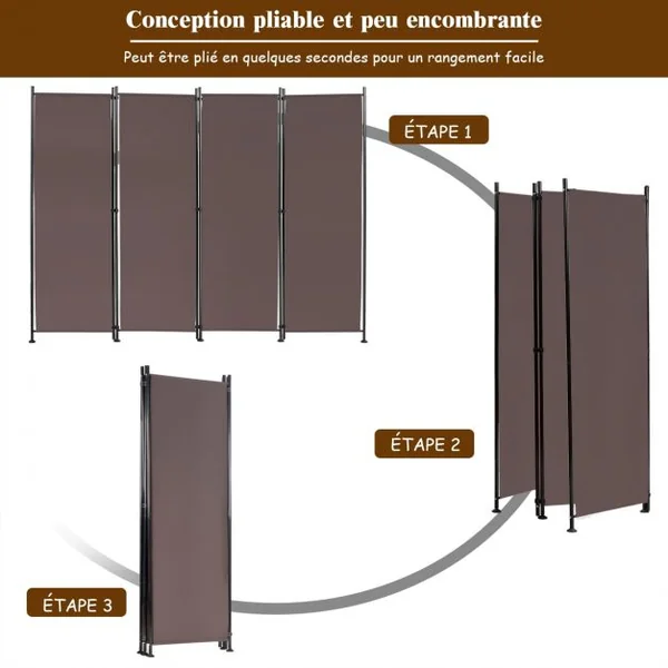 Paravent à 4 Panneaux Pliable Cloison de Séparation 220x170cm Pieds Réglable Café