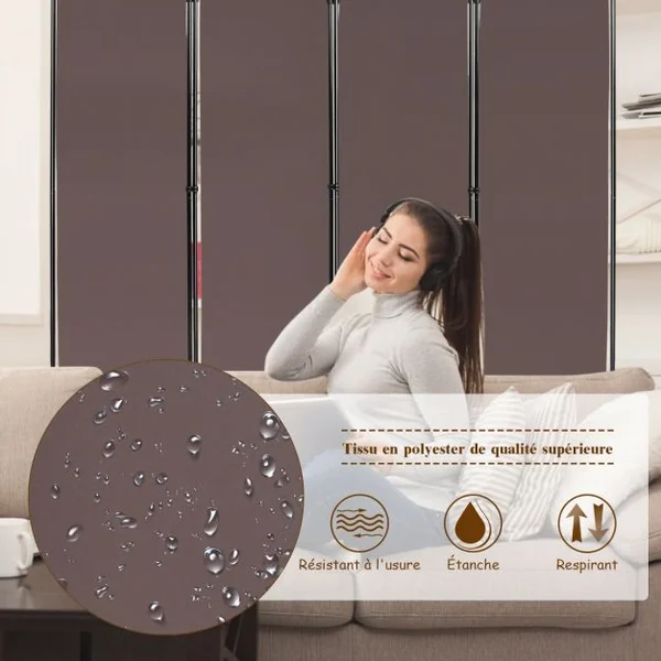 Paravent à 4 Panneaux Pliable Cloison de Séparation 220x170cm Pieds Réglable Café