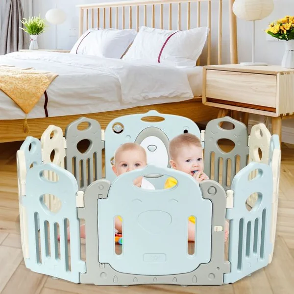 Parc Bébé 12 Panneaux avec Grande Porte Barrière pour Enfants de 3 Mois à 6 Ans en HDPE, 64x41x3,5cm, Beige Gris Bleu