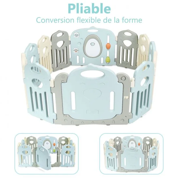 Parc Bébé 12 Panneaux avec Grande Porte Barrière pour Enfants de 3 Mois à 6 Ans en HDPE, 64x41x3,5cm, Beige Gris Bleu