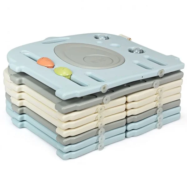 Parc Bébé 12 Panneaux avec Grande Porte Barrière pour Enfants de 3 Mois à 6 Ans en HDPE, 64x41x3,5cm, Beige Gris Bleu