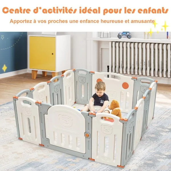 Parc Bébé 14 Panneaux avec Grande Porte Barrière pour Enfants de 3 Mois à 6 Ans en HDPE, 130x139x60 cm, Beige Gris
