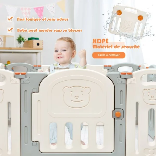 Parc Bébé 14 Panneaux avec Grande Porte Barrière pour Enfants de 3 Mois à 6 Ans en HDPE, 130x139x60 cm, Beige Gris
