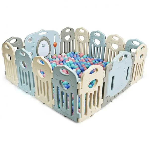 Parc Bébé 14 Panneaux Pliables et Jouets Barrière pour Enfants de 3 Mois à 6 Ans en HDPE, 64x41x3,5cm, Beige Gris Bleu