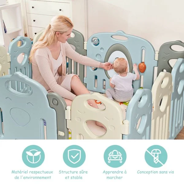 Parc Bébé 14 Panneaux Pliables et Jouets Barrière pour Enfants de 3 Mois à 6 Ans en HDPE, 64x41x3,5cm, Beige Gris Bleu