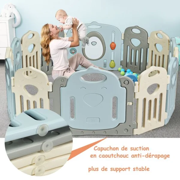 Parc Bébé 14 Panneaux Pliables et Jouets Barrière pour Enfants de 3 Mois à 6 Ans en HDPE, 64x41x3,5cm, Beige Gris Bleu