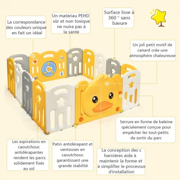 Parc Bébé en Plastique Pliable 14 Pièces 80 x 39,5 x 67,5CM Barrière d’Enfant en HDPE sans BPA
