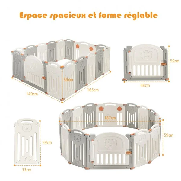 Parc Bébé en Plastique Pliable 16 Pièces 33x59x3,5CM avec Grande Porte Barrière d’Enfant
