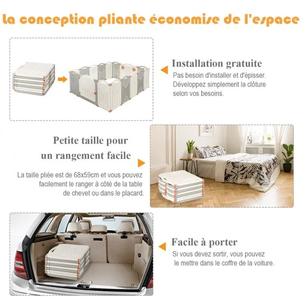 Parc Bébé en Plastique Pliable 16 Pièces 33x59x3,5CM avec Grande Porte Barrière d’Enfant