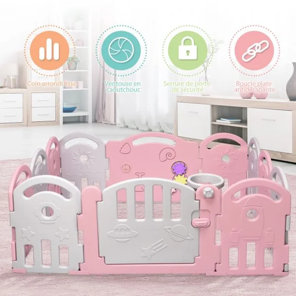 Parc Bébé Pliable 12 Panneaux avec Porte et Boîte à Musique Plateau Tournant pour Enfants de 6 à 36 Mois en HDPE Rose