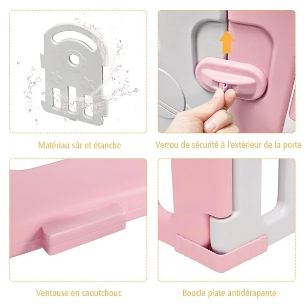 Parc Bébé Pliable 12 Panneaux avec Porte et Boîte à Musique Plateau Tournant pour Enfants de 6 à 36 Mois en HDPE Rose