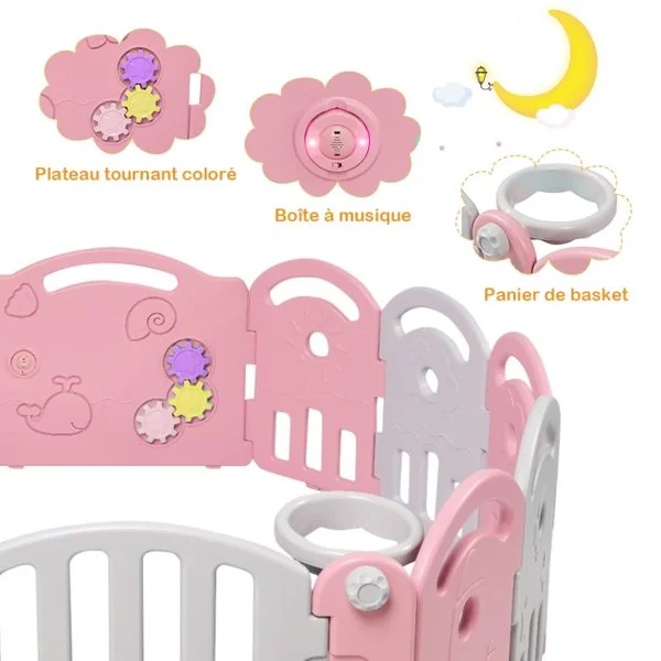 Parc Bébé Pliable 12 Panneaux avec Porte et Boîte à Musique Plateau Tournant pour Enfants de 6 à 36 Mois en HDPE Rose