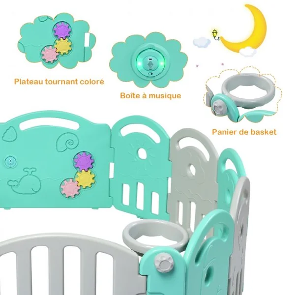 Parc Bébé Pliable 12 Panneaux avec Porte et Boîte à Musique Plateau Tournant pour Enfants de 6 à 36 Mois en HDPE Vert