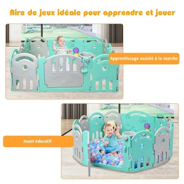 Parc Bébé Pliable 12 Panneaux avec Porte et Boîte à Musique Plateau Tournant pour Enfants de 6 à 36 Mois en HDPE Vert