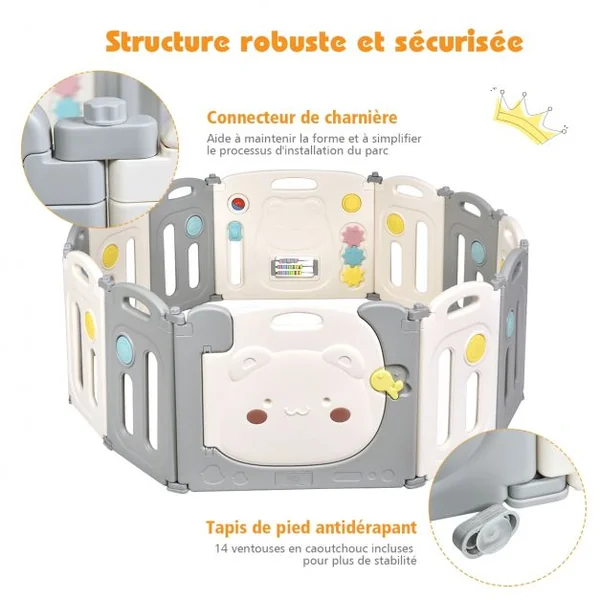 Parc d’Activités Pliable pour Bébé avec Barrière de Sécurité et Sac de Rangement en HDPE 118x160x64cm Blanc + Gris