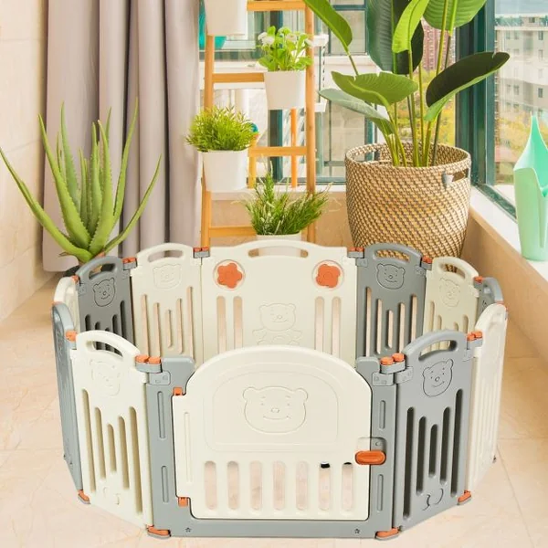 Parc Vébé 12 Panneaux avec Grande Porte Barrière pour Enfants de 3 Mois à 6 Ans en HDPE, 33x58x3,5cm, Blanc Gris