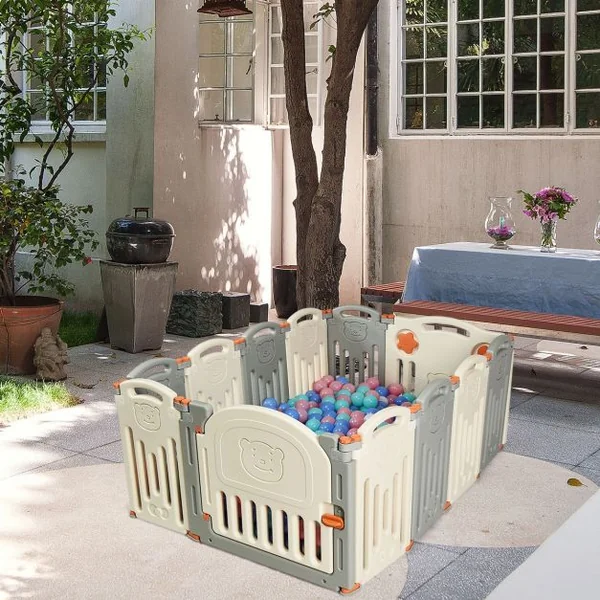 Parc Vébé 12 Panneaux avec Grande Porte Barrière pour Enfants de 3 Mois à 6 Ans en HDPE, 33x58x3,5cm, Blanc Gris