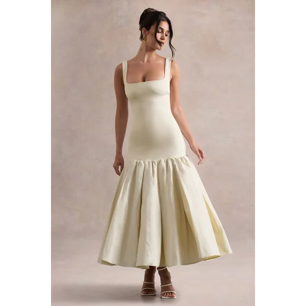 Parida | Robe longue en popeline crème à taille basse avec ourlet péplum