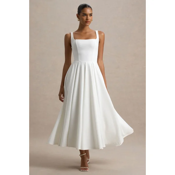 Parina | Robe mi-longue blanche à bretelles et ourlet volumineux