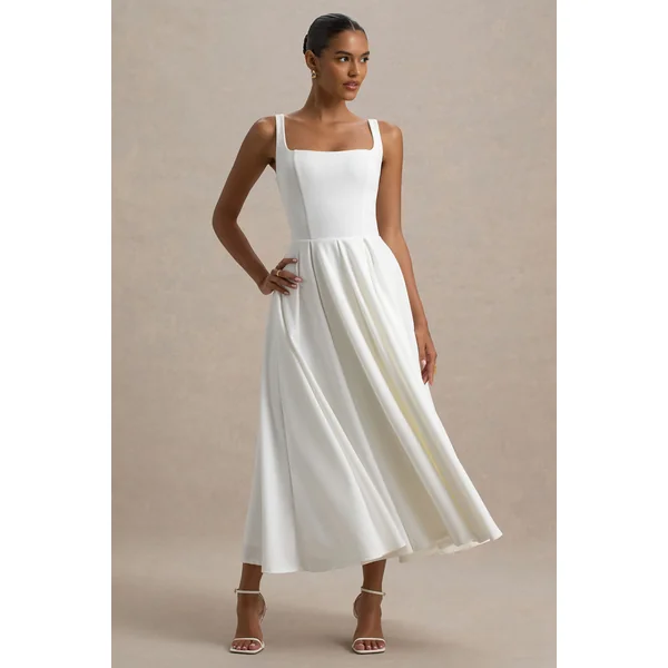 Parina | Robe mi-longue blanche à bretelles et ourlet volumineux