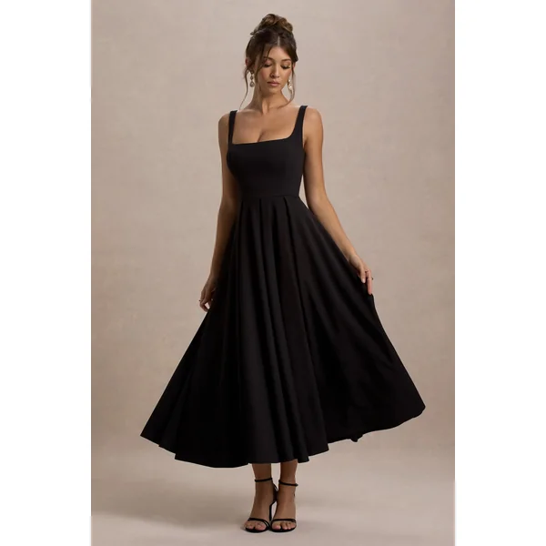 Parina | Robe Mi-Longue Noire à Bretelles avec Ourlet Volumineux