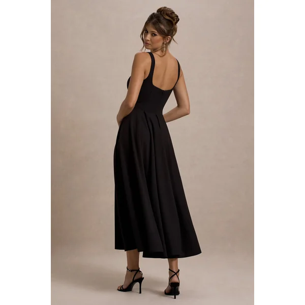 Parina | Robe Mi-Longue Noire à Bretelles avec Ourlet Volumineux
