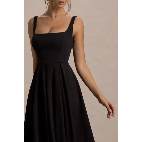 Parina | Robe Mi-Longue Noire à Bretelles avec Ourlet Volumineux