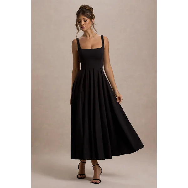 Parina | Robe Mi-Longue Noire à Bretelles avec Ourlet Volumineux