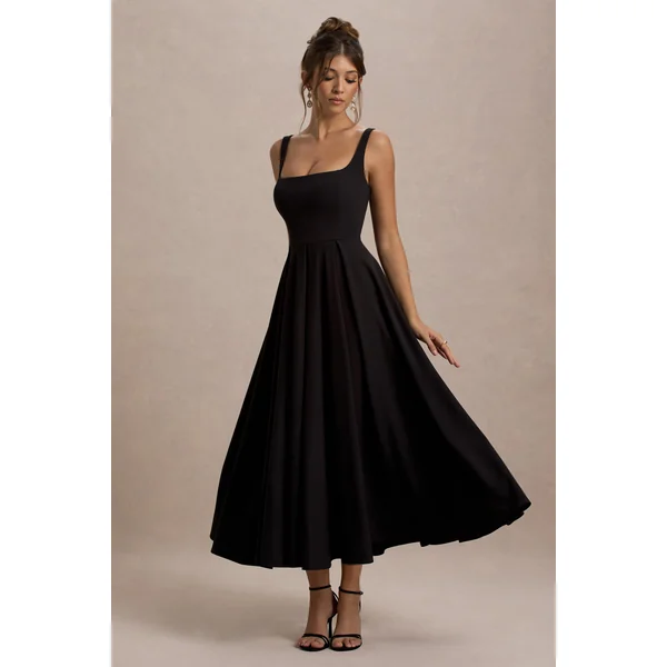 Parina | Robe Mi-Longue Noire à Bretelles avec Ourlet Volumineux