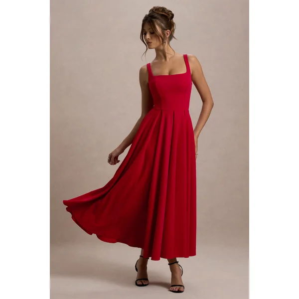 Parina | Robe Mi-Longue Rouge à Bretelles avec Ourlet Volumineux