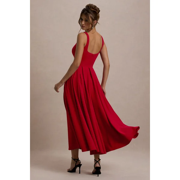 Parina | Robe Mi-Longue Rouge à Bretelles avec Ourlet Volumineux