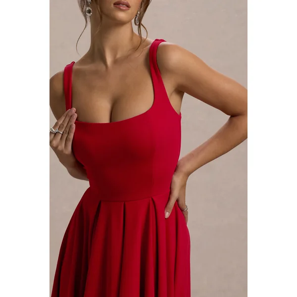 Parina | Robe Mi-Longue Rouge à Bretelles avec Ourlet Volumineux