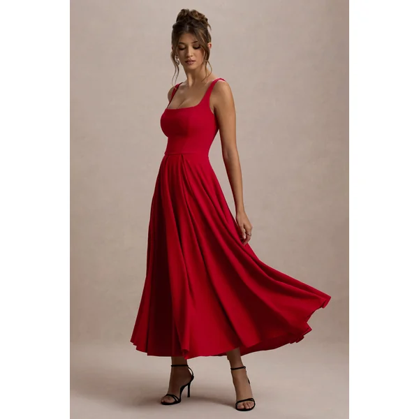 Parina | Robe Mi-Longue Rouge à Bretelles avec Ourlet Volumineux