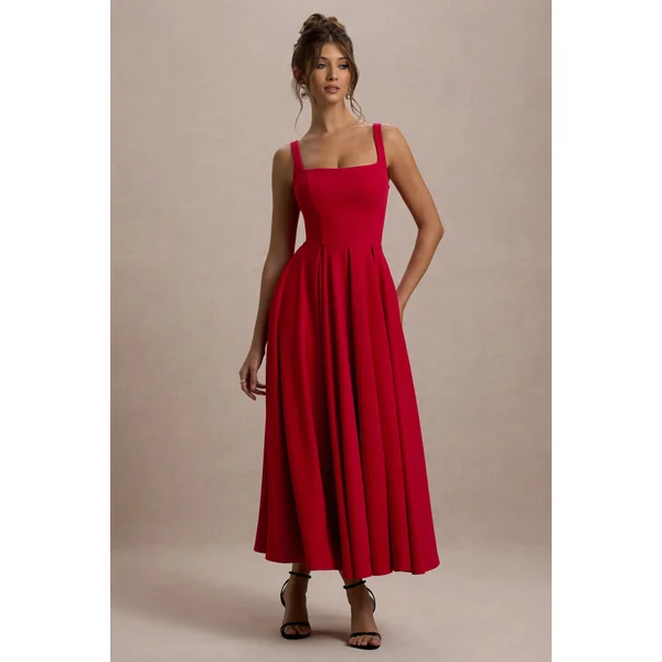 Parina | Robe Mi-Longue Rouge à Bretelles avec Ourlet Volumineux