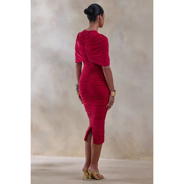 Parisia | Robe mi-longue rouge à encolure ronde avec détail cape