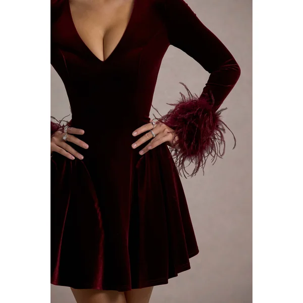 Pasilla | Mini-Robe en Velours Bordeaux avec Décolleté Plongeant et Finitions en Plumes