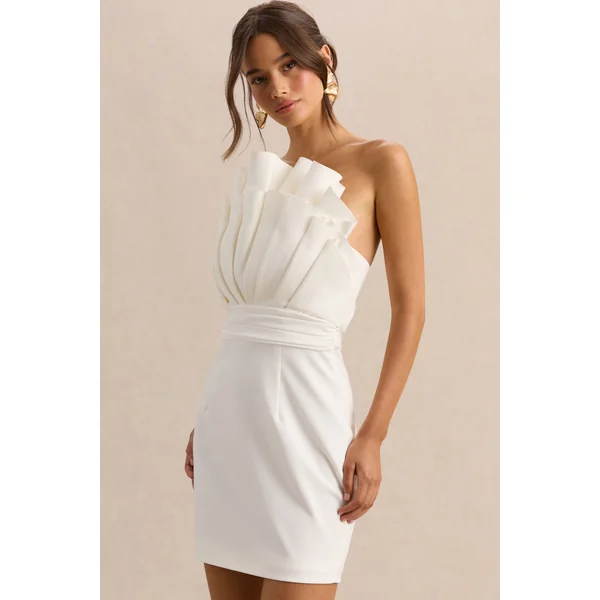 Pastoral | Mini-robe blanche à encolure asymétrique avec volants